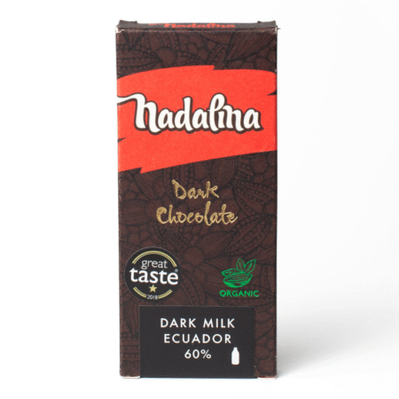 Nadalina Dark Milk Chocolate Ecuador 60%, organska tamna mliječna čokolada s 60% kakaa, nagrađena Great Taste zvjezdicom.