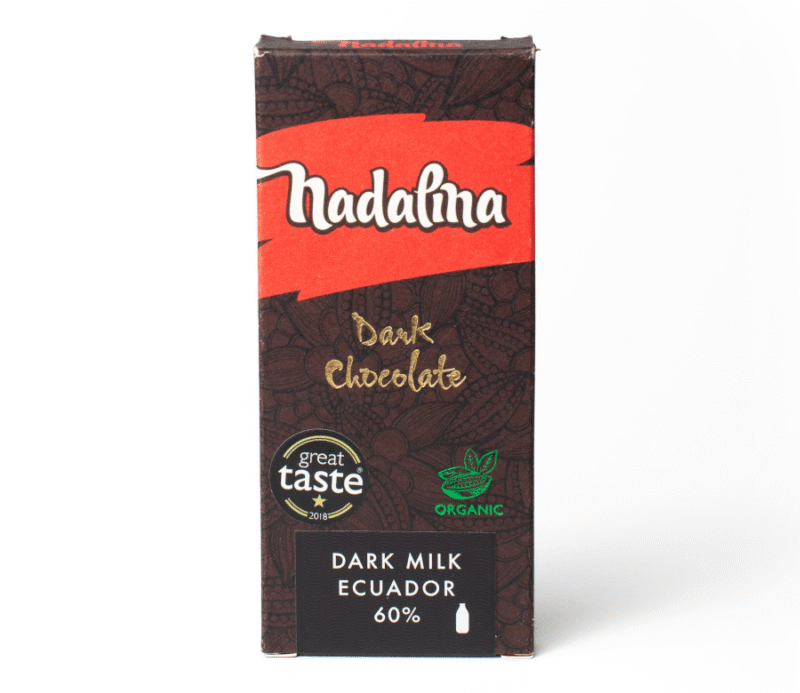 Nadalina Dark Milk Chocolate Ecuador 60%, organska tamna mliječna čokolada s 60% kakaa, nagrađena Great Taste zvjezdicom.