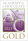 Academy of Chocolate 2023 zlatna nagrada – ljubičasto-zeleni logo s ilustracijom kakaovca.
