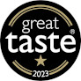 Great Taste 2023 nagradni bedž – crni krug s bijelim tekstom i jednom zlatnom zvjezdicom