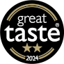 Great Taste 2024 nagradni bedž – crni krug s bijelim tekstom i dvije zlatne zvjezdice