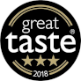 Great Taste 2018 nagradni bedž – crni krug s bijelim tekstom i tri zlatne zvjezdice