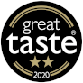 Great Taste 2020 nagradni bedž – crni krug s bijelim tekstom i dvije zlatne zvjezdice
