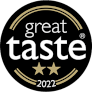 Great Taste 2022 nagradni bedž – crni krug s bijelim tekstom i dvije zlatne zvjezdice