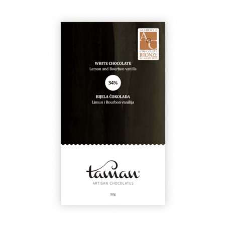 Bijela čokolada s limunom i bourbon vanilijom Taman Artisan Chocolates, 50g, dobitnica brončane nagrade Academy of Chocolate.