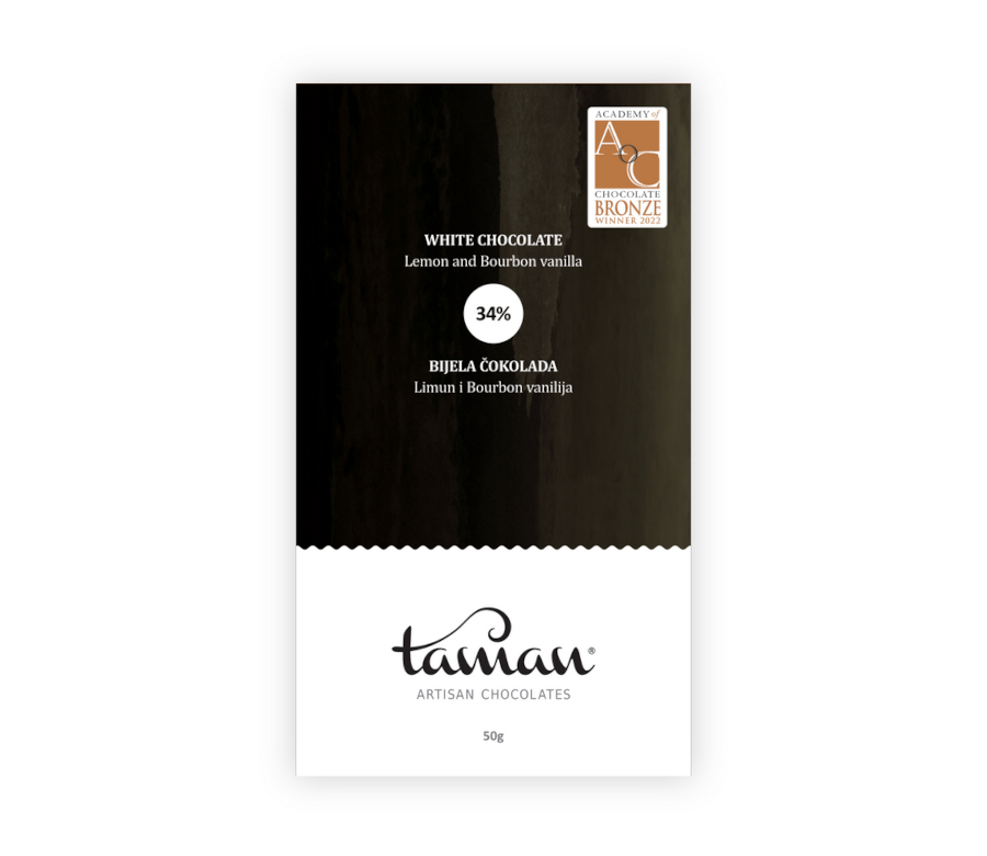 Bijela čokolada s limunom i bourbon vanilijom Taman Artisan Chocolates, 50g, dobitnica brončane nagrade Academy of Chocolate.