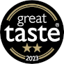 Great Taste 2023 nagradni bedž – crni krug s bijelim tekstom i dvije zlatne zvjezdice