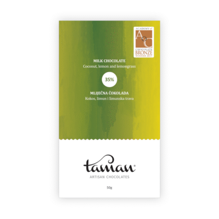 Mliječna čokolada Taman s kokosom, limunom i limunskom travom – 35%, dobitnica nagrade Academy of Chocolate Bronze 2017, 50g