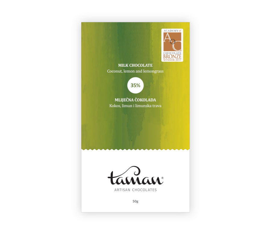 Mliječna čokolada Taman s kokosom, limunom i limunskom travom – 35%, dobitnica nagrade Academy of Chocolate Bronze 2017, 50g