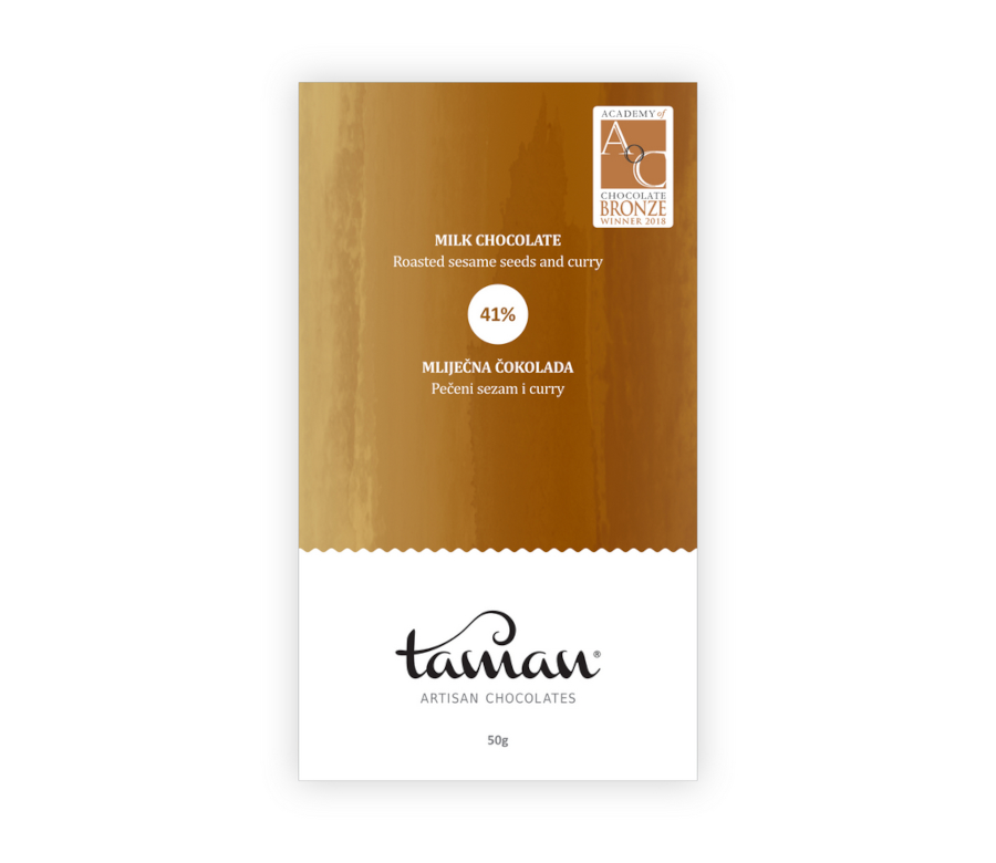 Taman Artisan mliječna čokolada 41% s pečenim sezamom i curryjem – dobitnica brončane nagrade Academy of Chocolate 2018.