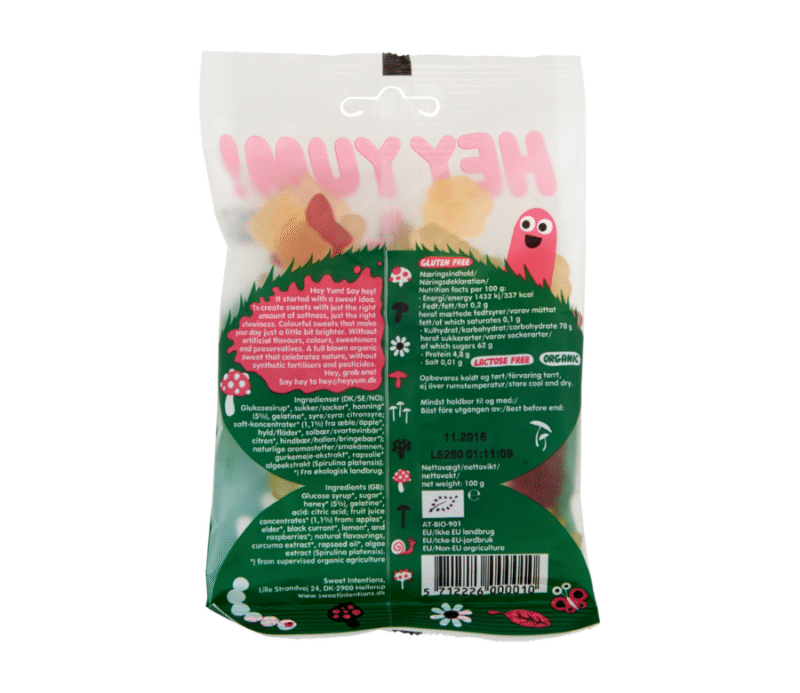 Stražnja strana pakiranja HEY YUM! Magic Forest gumenih bombona – sastojci i nutritivne vrijednosti