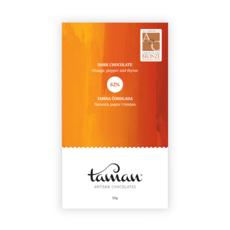 Taman tamna čokolada s narančom, paprom i timijanom – 62% kakaa, nagrađena broncom na Academy of Chocolate 2018.