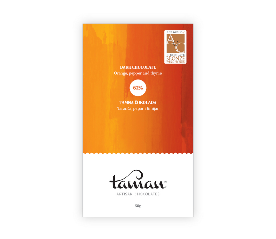 Taman tamna čokolada s narančom, paprom i timijanom – 62% kakaa, nagrađena broncom na Academy of Chocolate 2018.