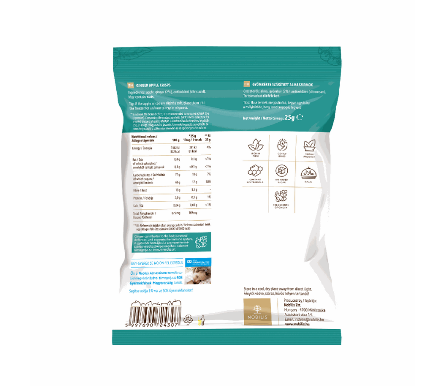 Stražnja strana pakiranja Nobilis Apple Crisps with Ginger – nutritivne vrijednosti i podaci o proizvodu