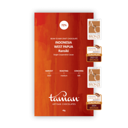 Taman čokolada Indonesia West Papua Ransiki 72% – bean-to-bar tamna čokolada od single origin kakaa, dobitnica brončanih nagrada International Chocolate Awards i Academy of Chocolate Awards