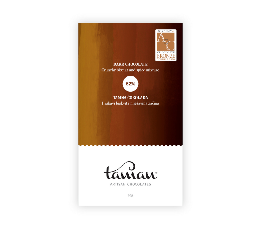 Tamna čokolada s hrskavim biskvitom i mješavinom začina, 62% kakaa, dobitnica brončane nagrade na Academy of Chocolate Awards 2020, brend Taman Artisan Chocolates, pakiranje 50g