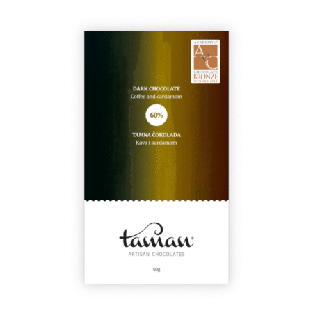 Tamna čokolada s kavom i kardamomom, 60% kakaa, nagrađena broncom na Academy of Chocolate Awards 2018, brend Taman Artisan Chocolates, pakiranje 50g