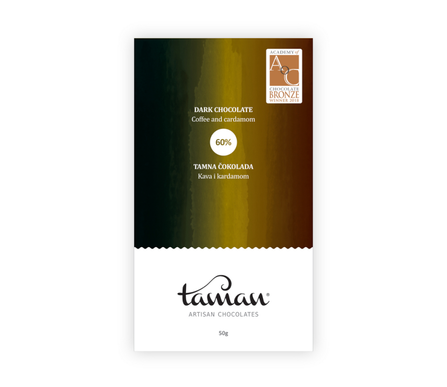 Tamna čokolada s kavom i kardamomom, 60% kakaa, nagrađena broncom na Academy of Chocolate Awards 2018, brend Taman Artisan Chocolates, pakiranje 50g