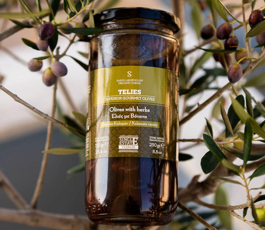 TELIES - Gurmanske Kalamata (Kalamon) masline s aromatičnim biljem 250g | SAKELLAROPOULOS
