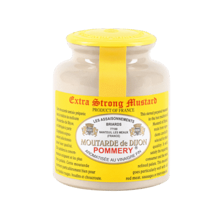 Keramička teglica Pommery Dijon senfa od 250 g s intenzivnim okusom, u žutoj etiketi i poklopcu
