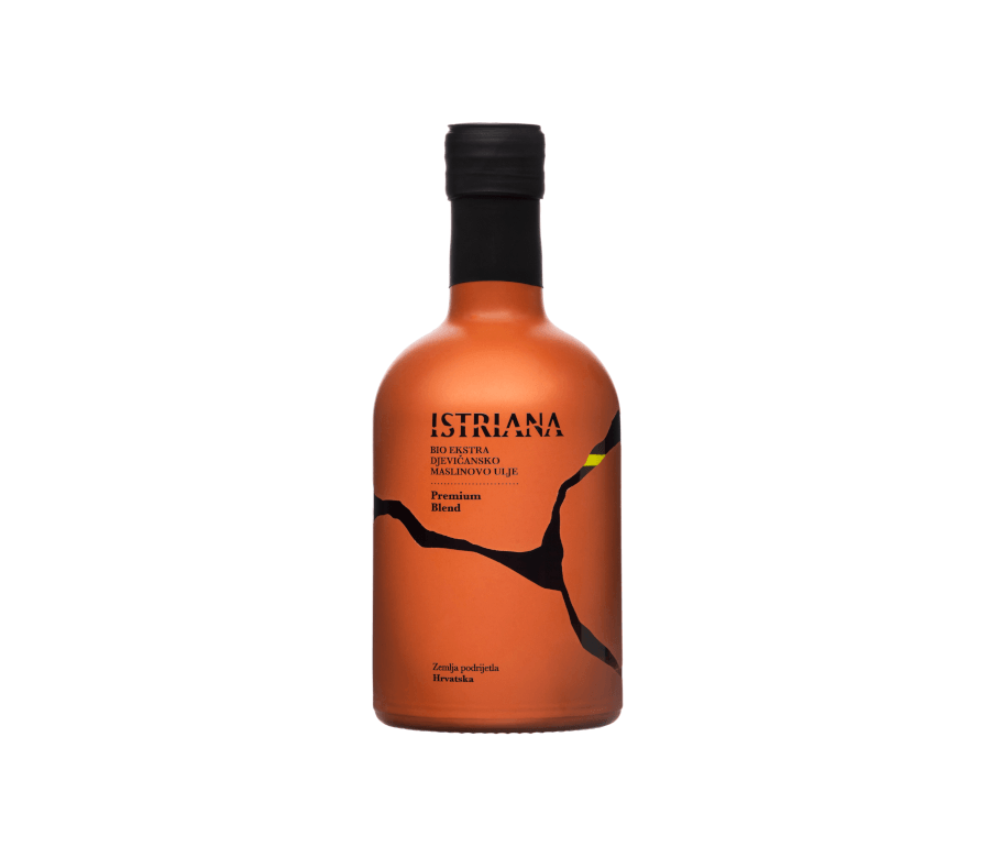 Boca Istriana Premium Blend ekstra djevičanskog maslinovog ulja od 250 ml u narančastoj mat ambalaži s minimalističkom etiketom.