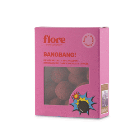 Draže od tamne čokolade s punjenjem od želea od maline i čilija u ružičastom pakiranju Flore Confectionery