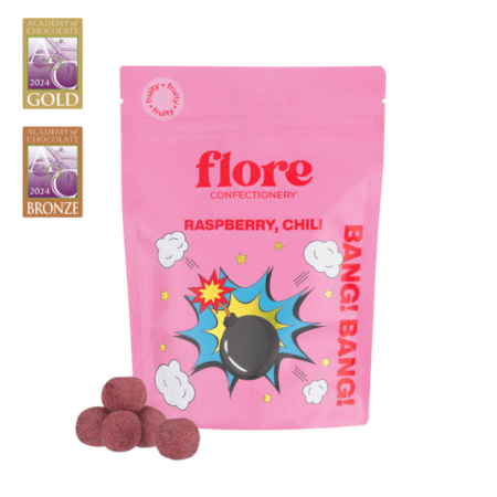 Draže od tamne čokolade s punjenjem od želea od maline i čilija u ružičastom pakiranju Flore Confectionery