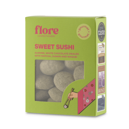 Draže od bijele čokolade s matchom, jasminom, wasabijem i sicilijanskim bademom u zelenom pakiranju Flore Confectionery