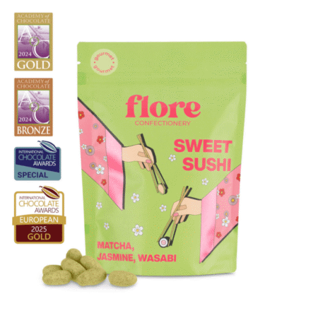 Draže od bijele čokolade s matchom, jasminom, wasabijem i sicilijanskim bademom u zelenom pakiranju Flore Confectionery
